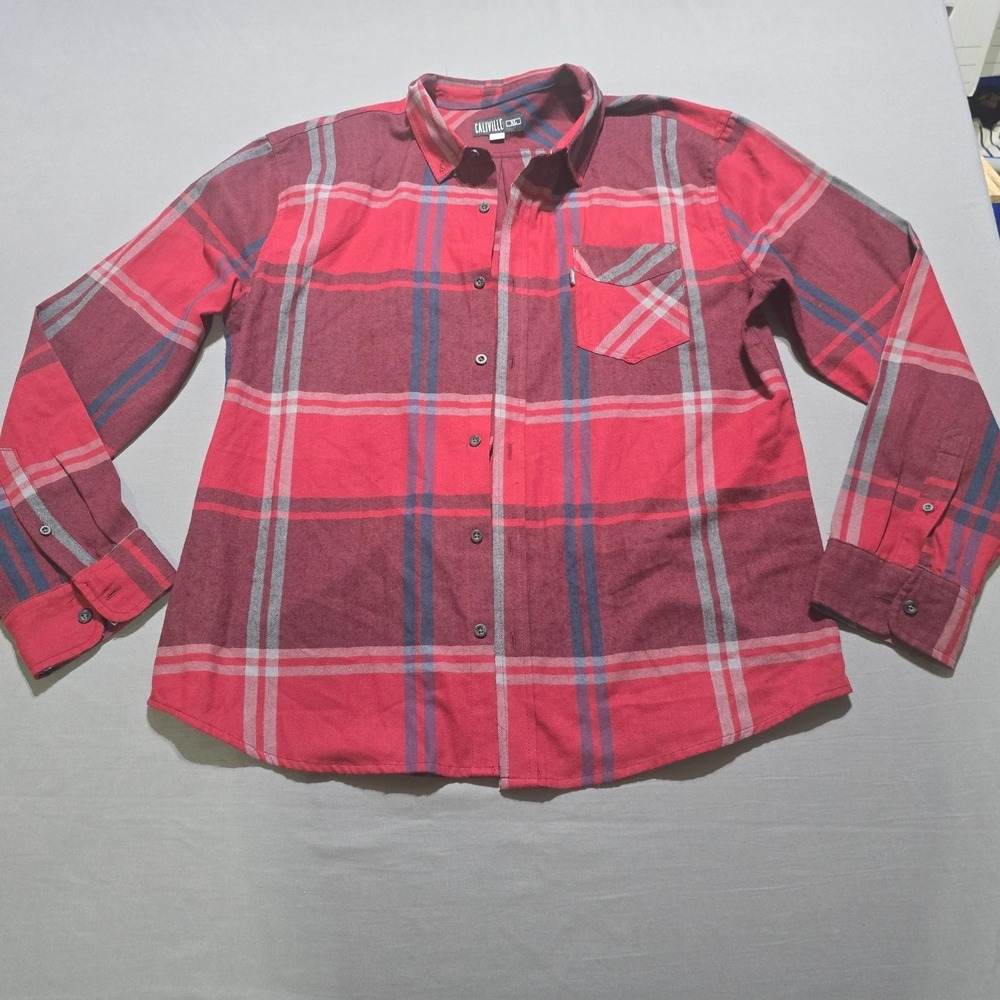 Caliville Flannel Button Down Mens XL Red Grey Plaid  Shirt long sleeve